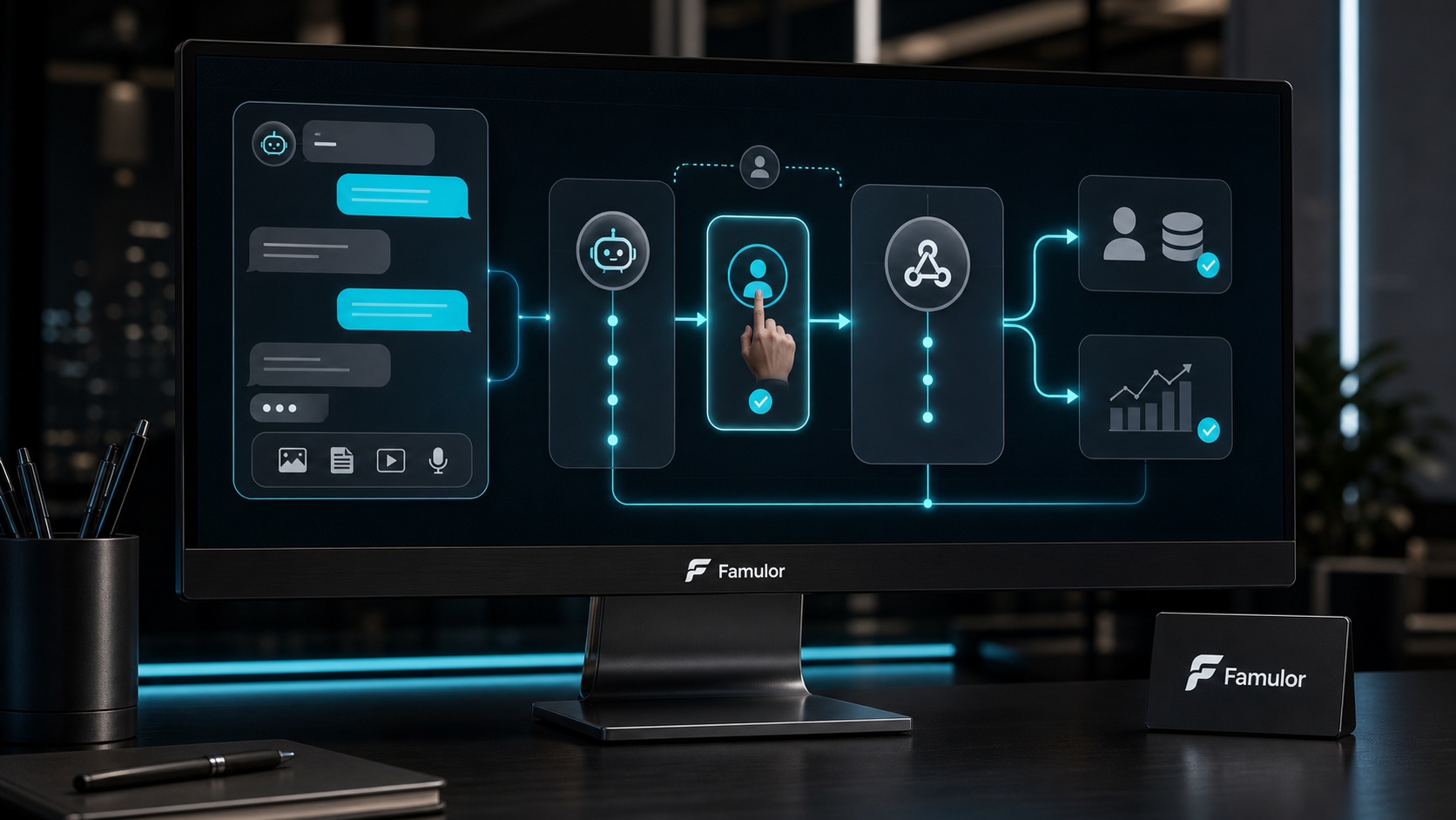 Famulor Workflow für WhatsApp AI, Human Takeover, Webhooks, CRM und Analytics