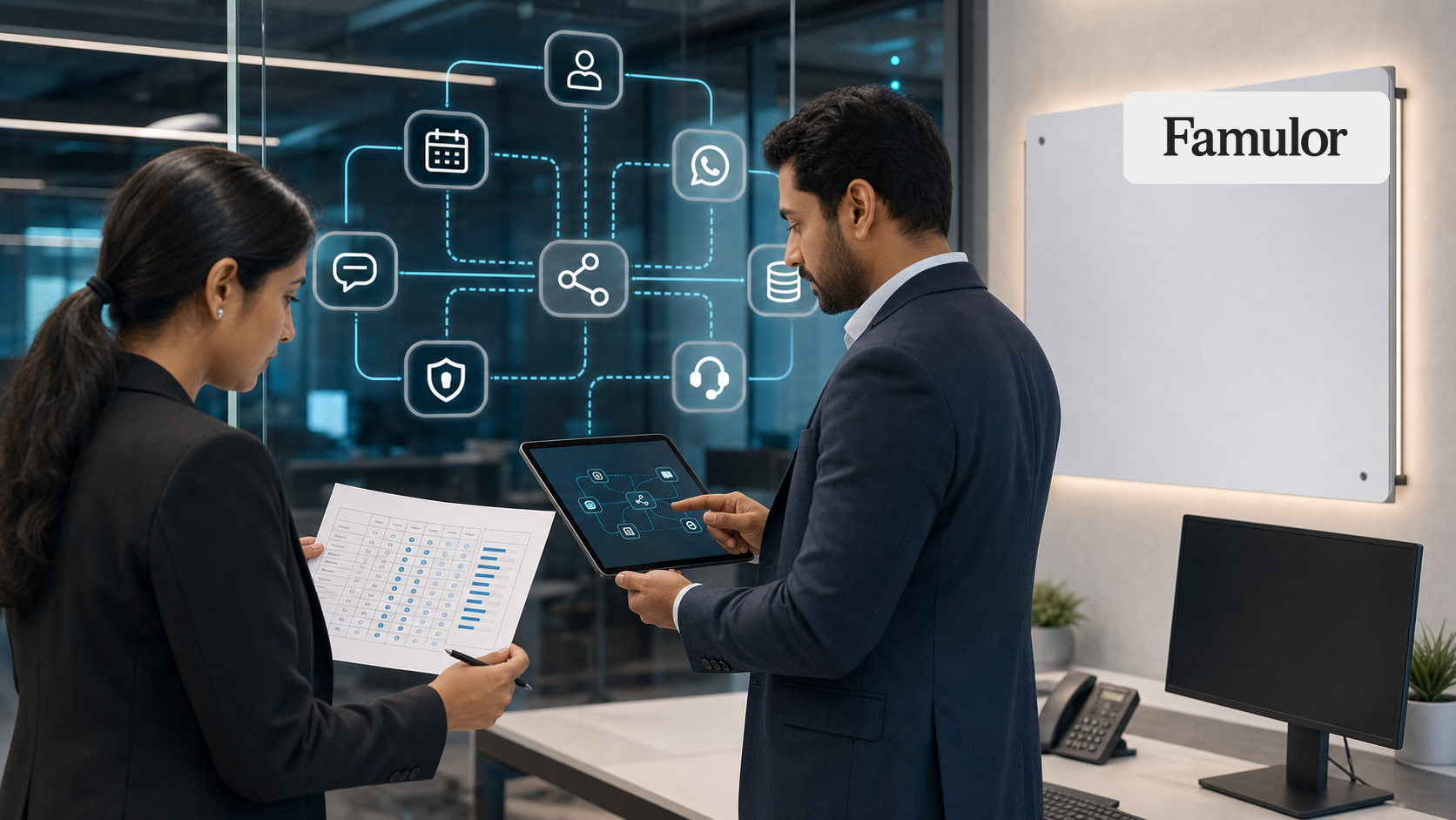 Famulor operations team evaluating integrations and scorecard criteria for AI phone agents