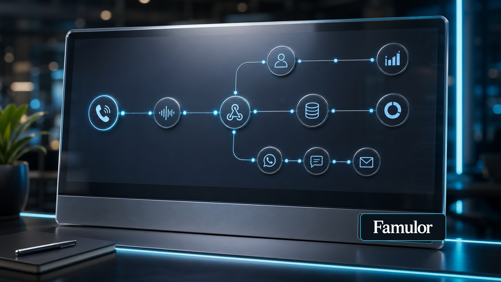 Famulor post-call automation loop with webhook, CRM, WhatsApp, SMS, and analytics