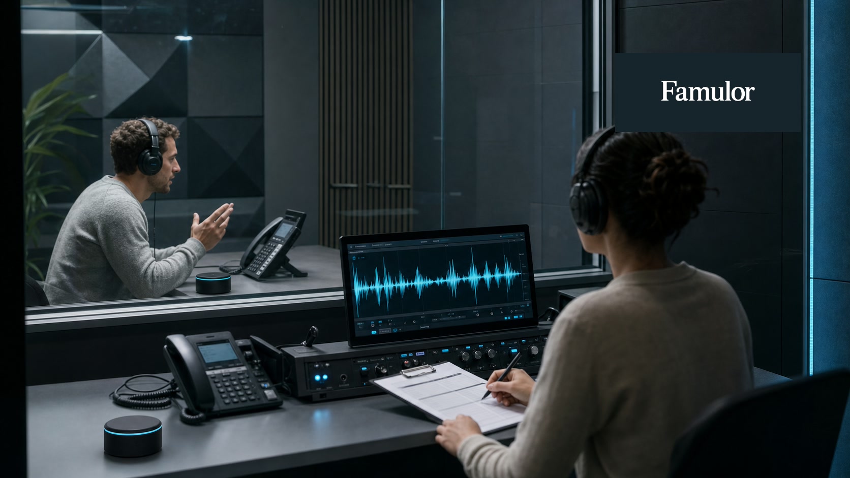 Famulor Voice AI QA team testing barge-in, background noise, and complete message delivery in an enterprise acoustic lab