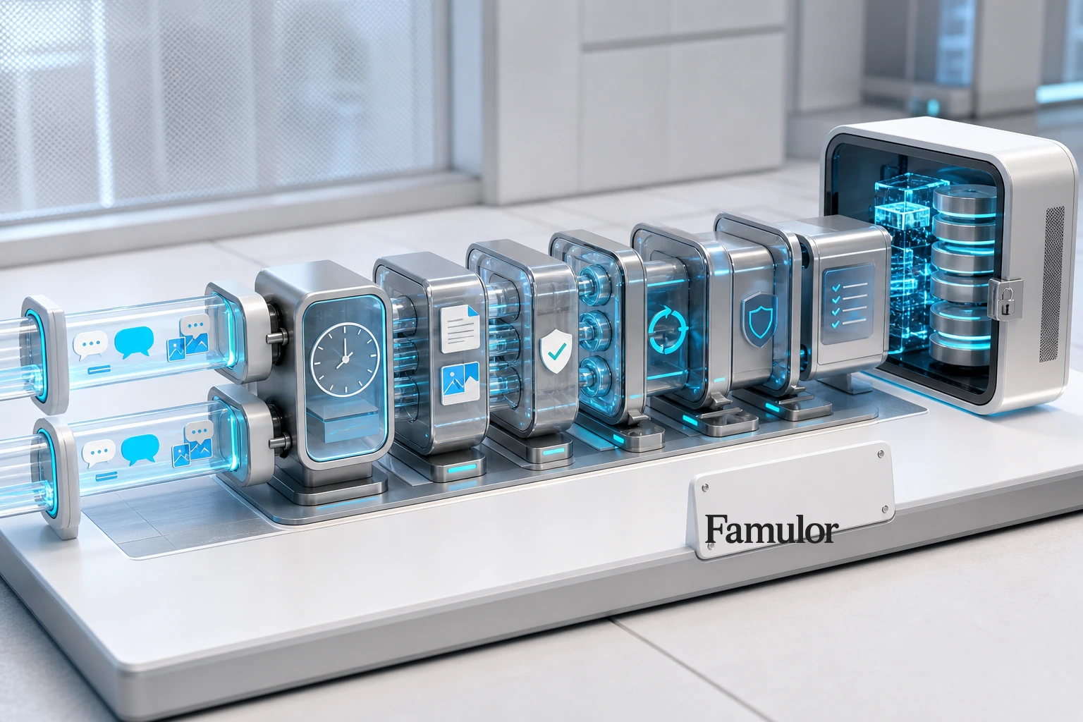 Famulor Webhook-Architektur mit Zeitstempel-, Validierungs-, Retry- und Speicherstufen